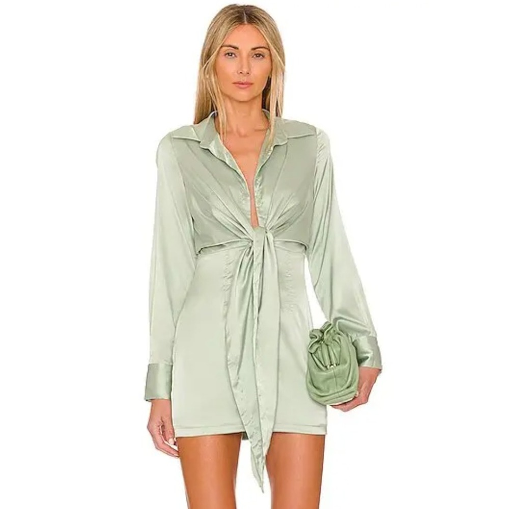 More To Come Madelyn Dress Sage Green Satin Tie Front Long Sleeve Mini‎ Sz S